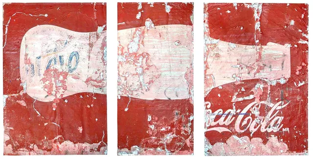 Triptych by Alfredo Romero with fragments of a red soda sign