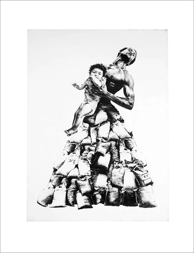 Print by Tente: human figures atop a pile of sacks