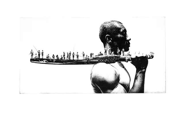 Print by Tente: man carrying a strip of city on his shoulder