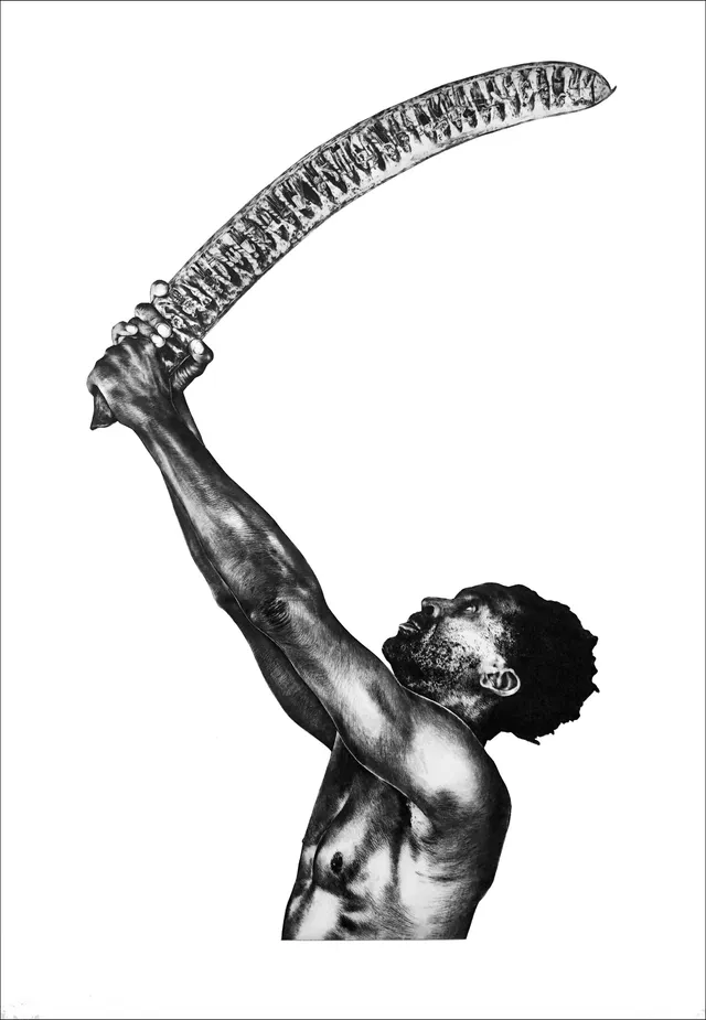 Print by Tente: man raising a machete