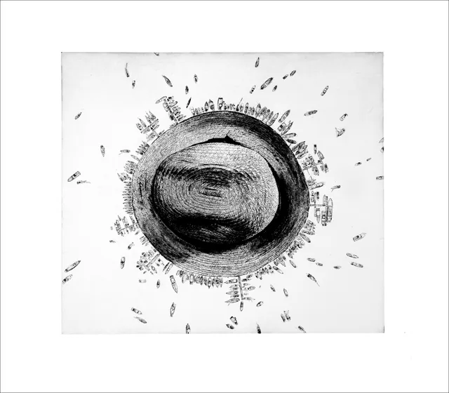 Print by Tente: hat seen from above surrounded by figures
