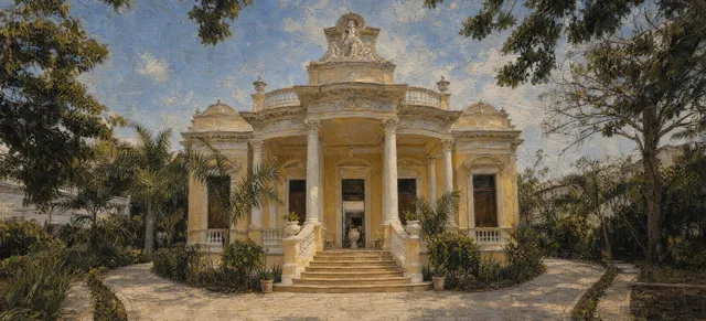 Pintura de la fachada de Casona Cicero entre palmeras y árboles, bajo un cielo azul