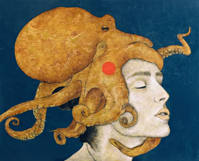 Painting by Javier Barrera: profile of a woman with a golden octopus on her head