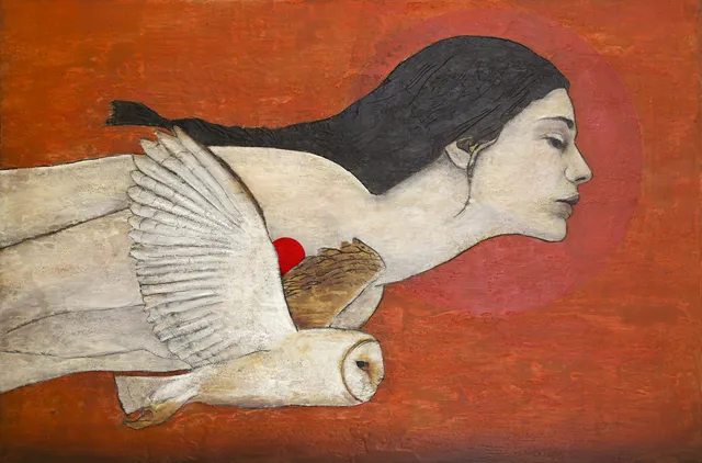 Painting by Javier Barrera: woman and owl on a red background