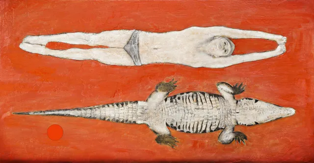 Painting by Javier Barrera: human figure and crocodile skeleton on a red background