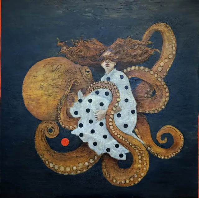 Painting by Javier Barrera: woman in a polka-dot dress surrounded by an octopus