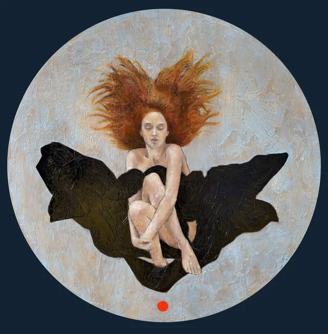 Circular painting by Javier Barrera: red-haired woman suspended over a black stain