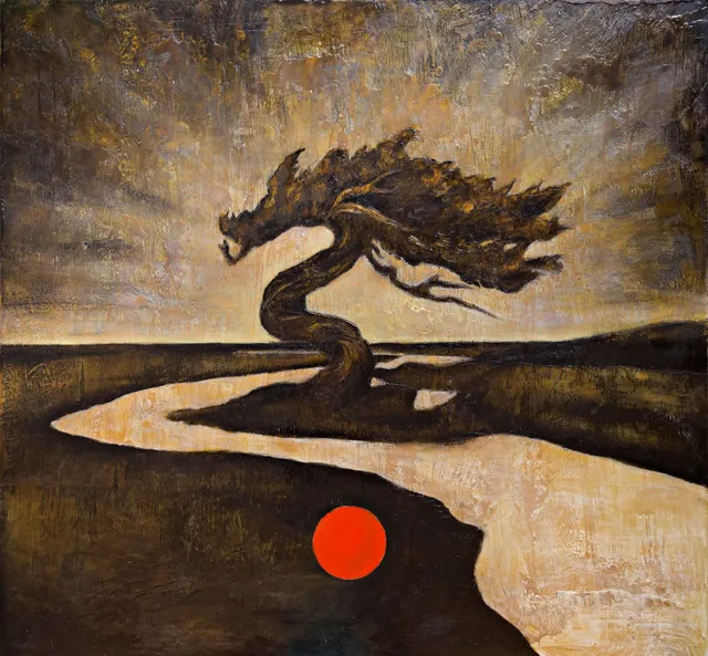 Painting by Javier Barrera: twisted tree beside a river and a red circle