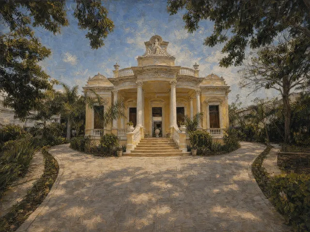 Painting of the Casona Cicero façade among trees, under a blue sky