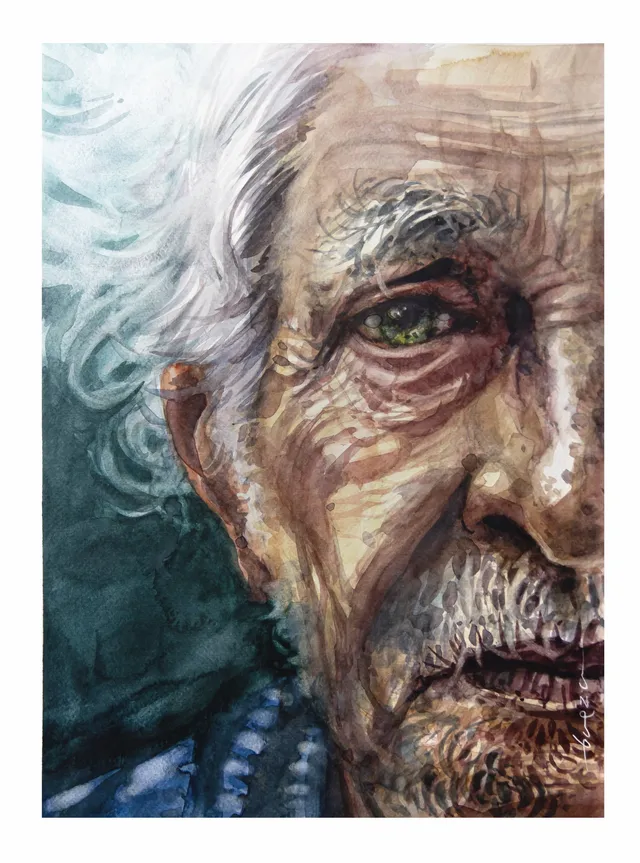 Portrait painted by Rodolfo Baeza, from the “Cortezas” series: an older person painted in fragmented brushstrokes