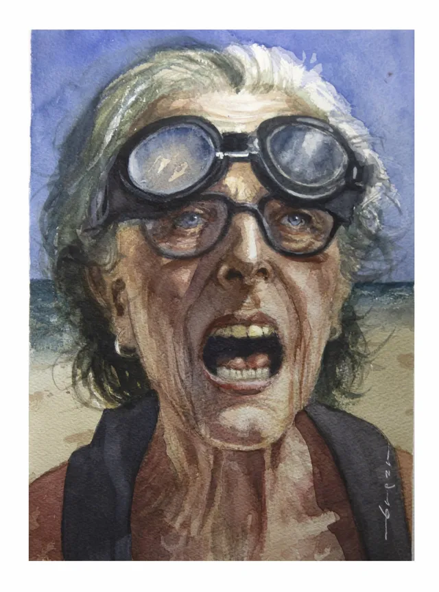 Portrait painted by Rodolfo Baeza, from the “Cortezas” series: woman with goggles painted in fragmented brushstrokes