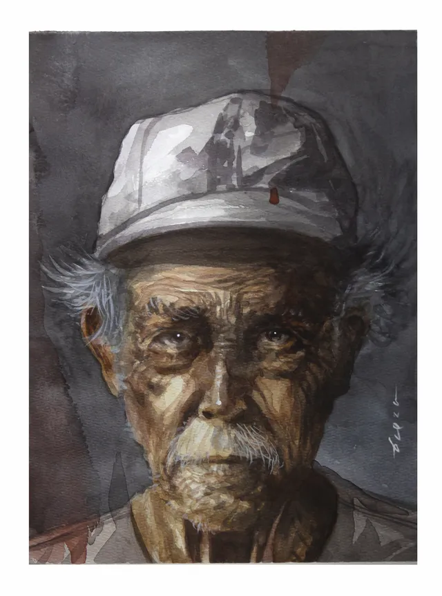 Portrait painted by Rodolfo Baeza, from the “Cortezas” series: an older person painted in fragmented brushstrokes