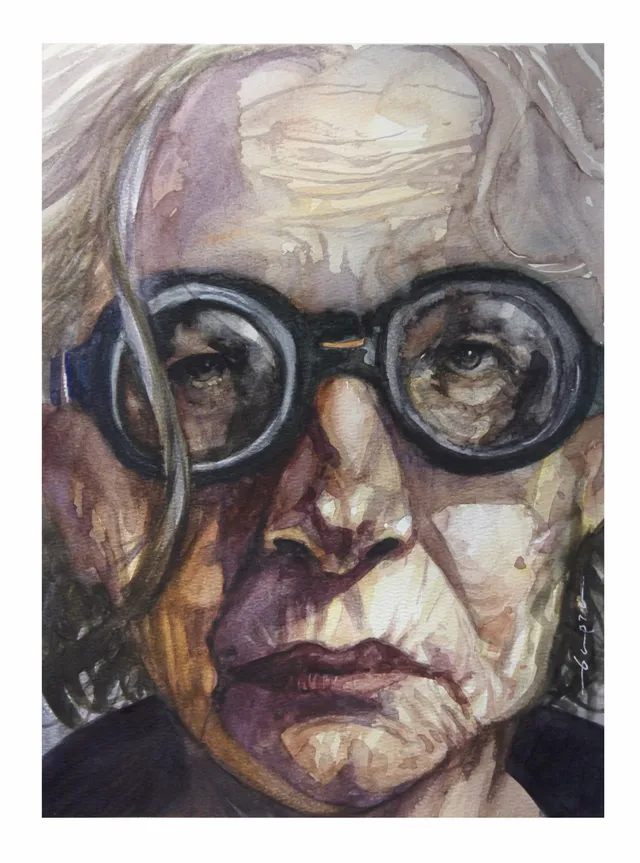 Portrait painted by Rodolfo Baeza, from the “Cortezas” series: woman with goggles painted in fragmented brushstrokes