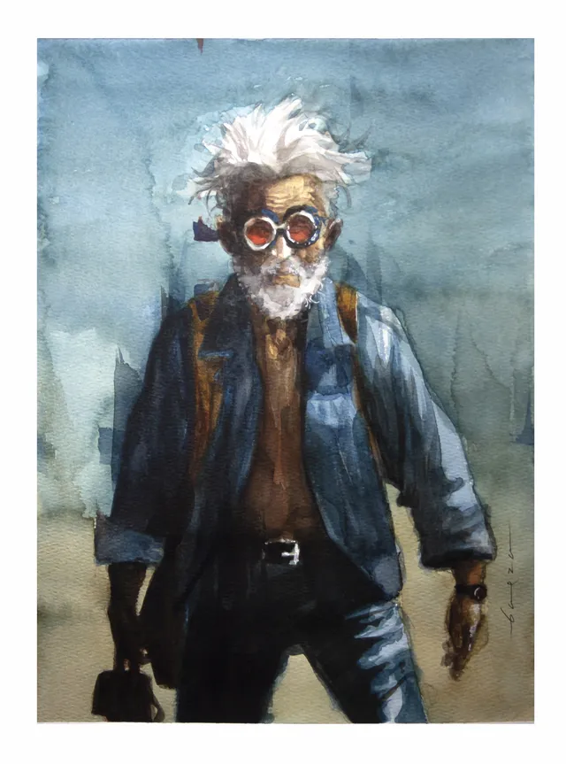 Portrait painted by Rodolfo Baeza, from the “Cortezas” series: a full-length man painted in fragmented brushstrokes