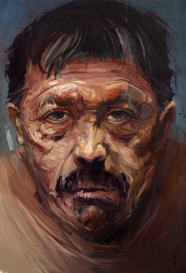 Portrait painted by Rodolfo Baeza: face of a man with a moustache