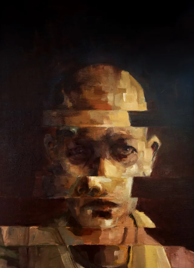 Portrait painted by Rodolfo Baeza: face dissolving into blocks of color