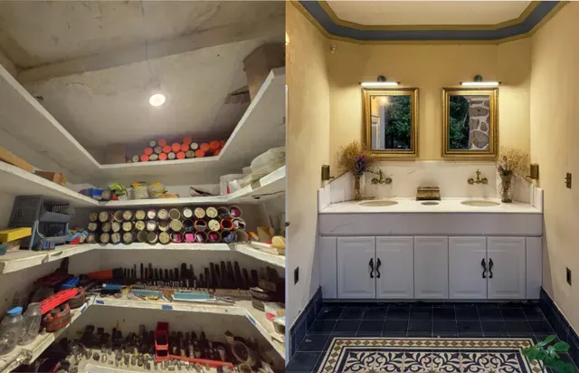 Antes y después: estantes de almacén y baño con dos lavabos