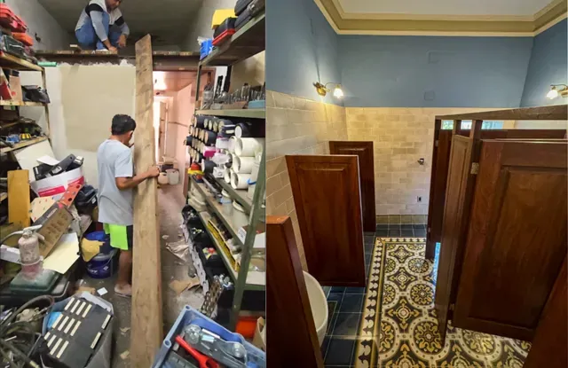 Antes y después: taller con estanterías y baño con cabinas de madera