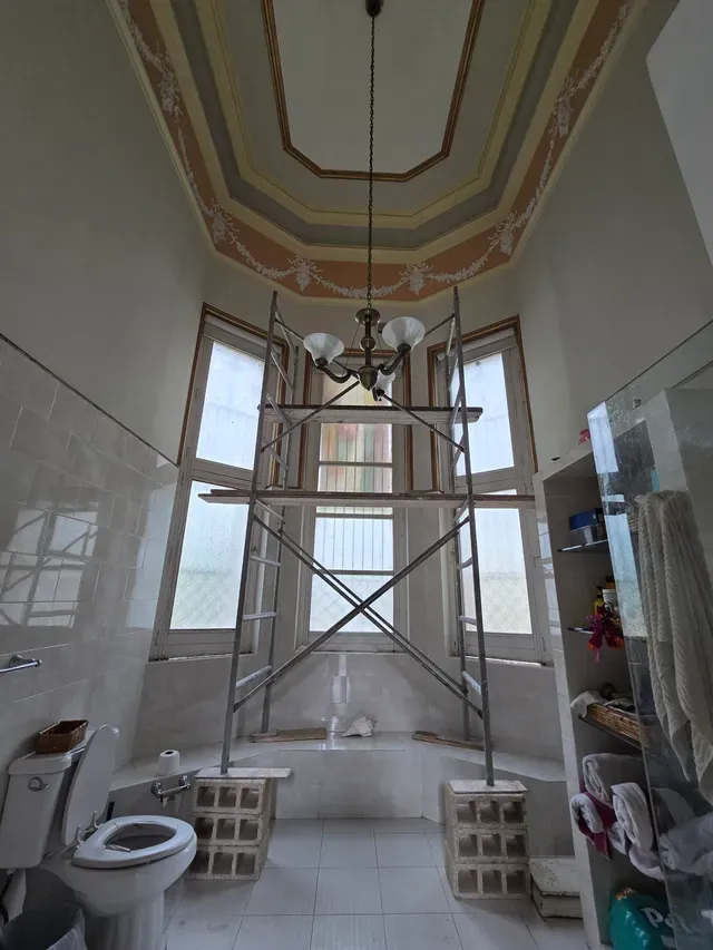 Bathroom under renovation, with interior scaffolding and the original painted ceiling in the background