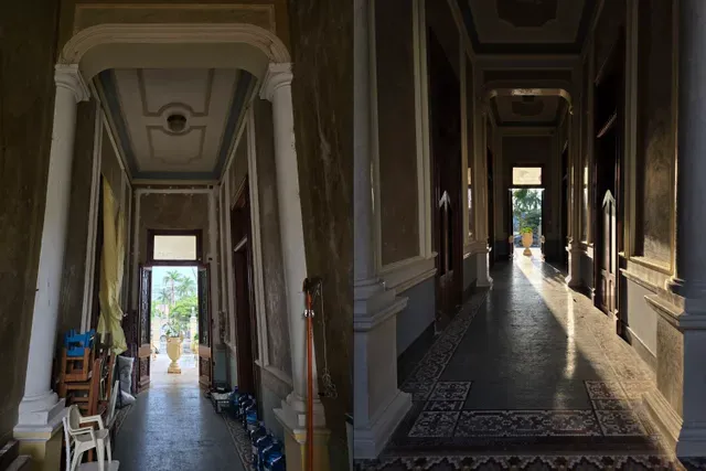 Antes y después del pasillo principal, con muros restaurados y piso oscuro
