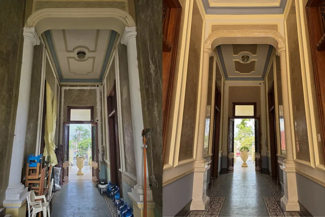 Before and after of the main corridor, with restored walls and dark flooring