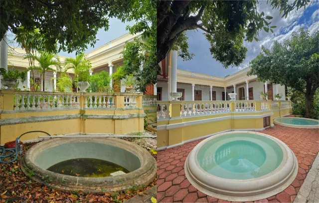 Antes y después de una pileta circular en el jardín, restaurada como jacuzzi