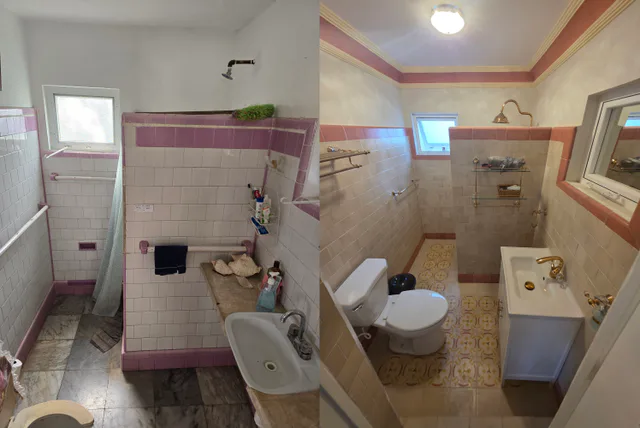 Antes, durante y después de la remodelación de un baño con azulejos rosas